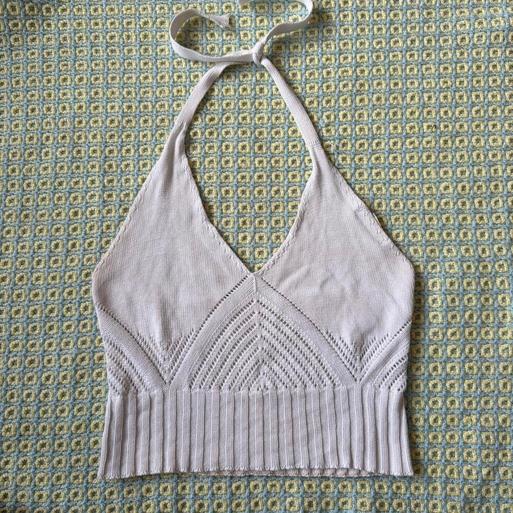 Vintage X2 White Cream Knit Halter Top Cropped Pointelle Boho 90s Y2K S M